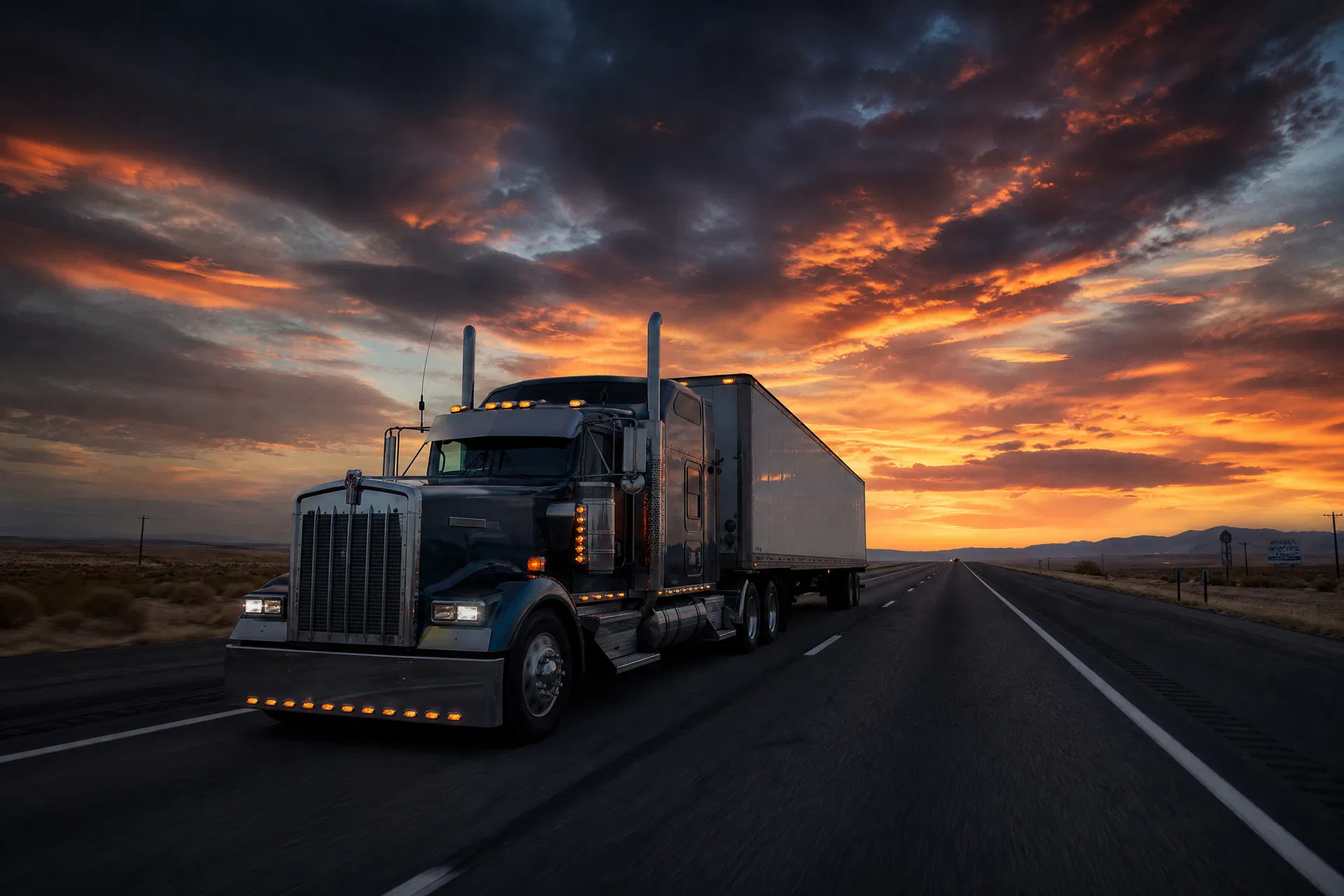 Semi-truck on American highway at dusk